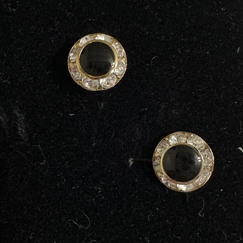 Black Cabochon Rhinestone Halo Cufflinks & Shirt Studs Set Gold Tone Vintage